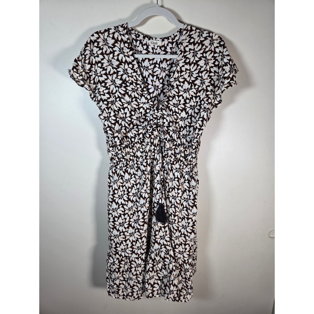 Khush Floral Mini Dress Womens Large Black White Brown Tassel Boho Summer Beach